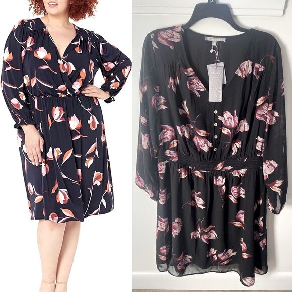 NWT Daniel Rainn Long Sleeve Floral Dress Plus 1X Sheer Overlay Dark Cottagecore - Picture 1 of 10